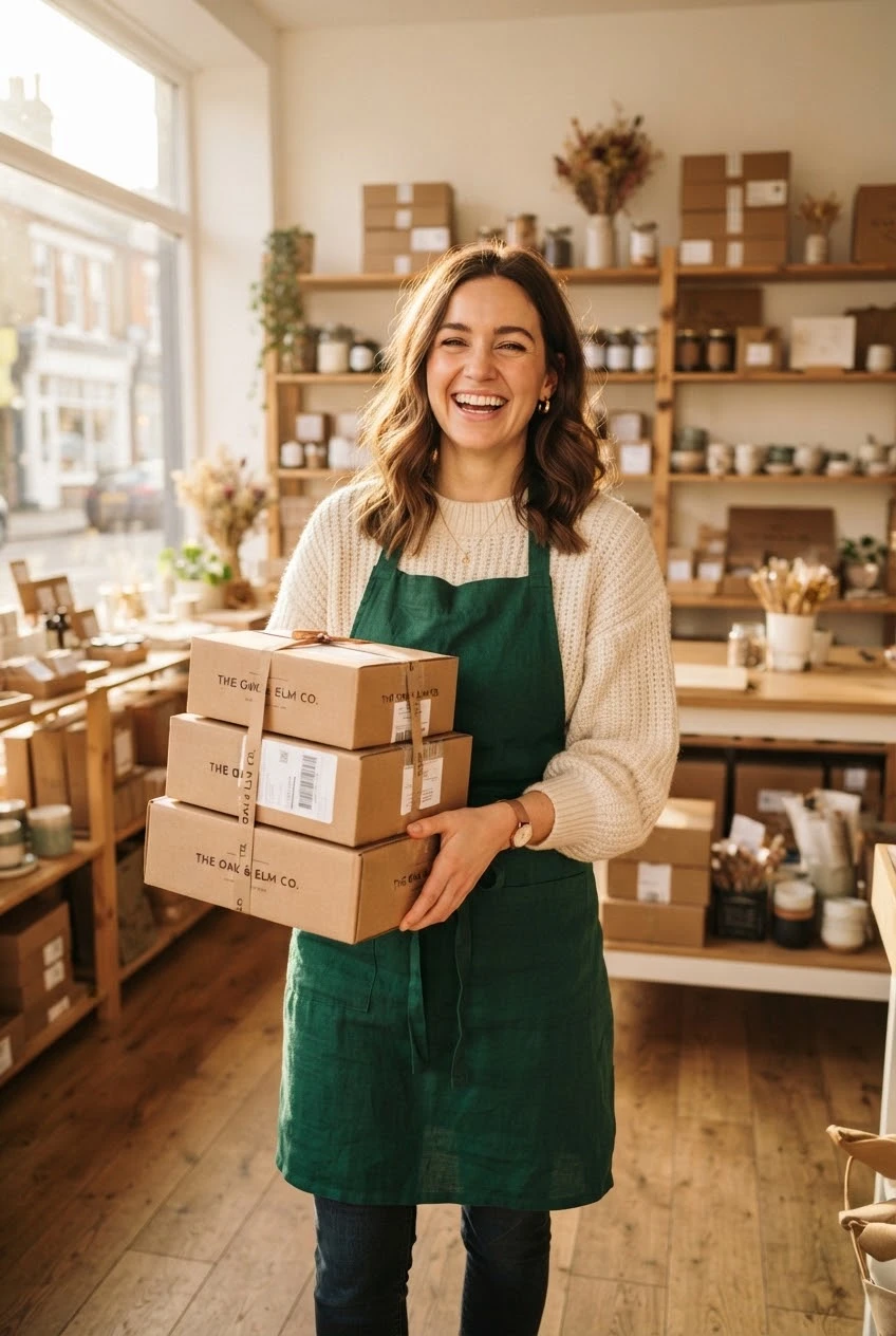 Smiling seller carrying a stack of packed orders