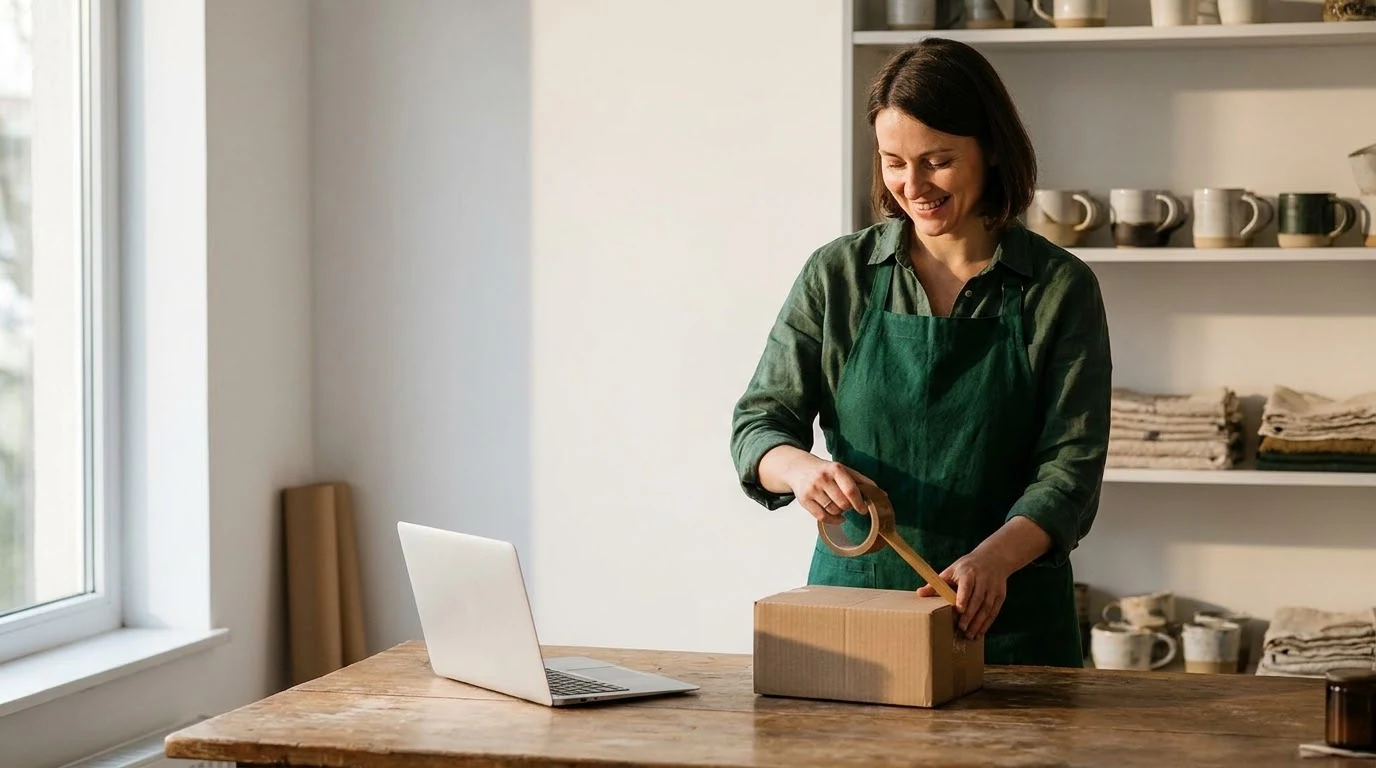 Seller sealing a shipping box in her sunlit studio