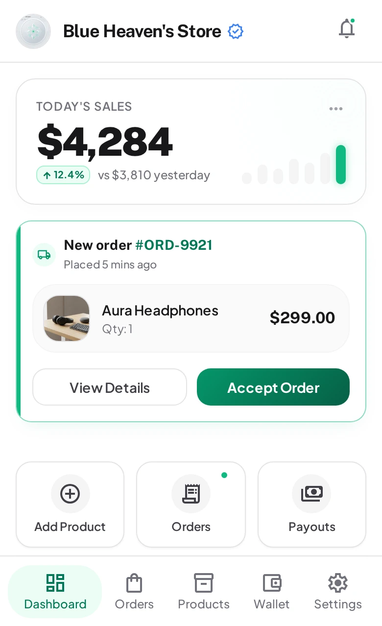Mobile seller app showing today's sales
