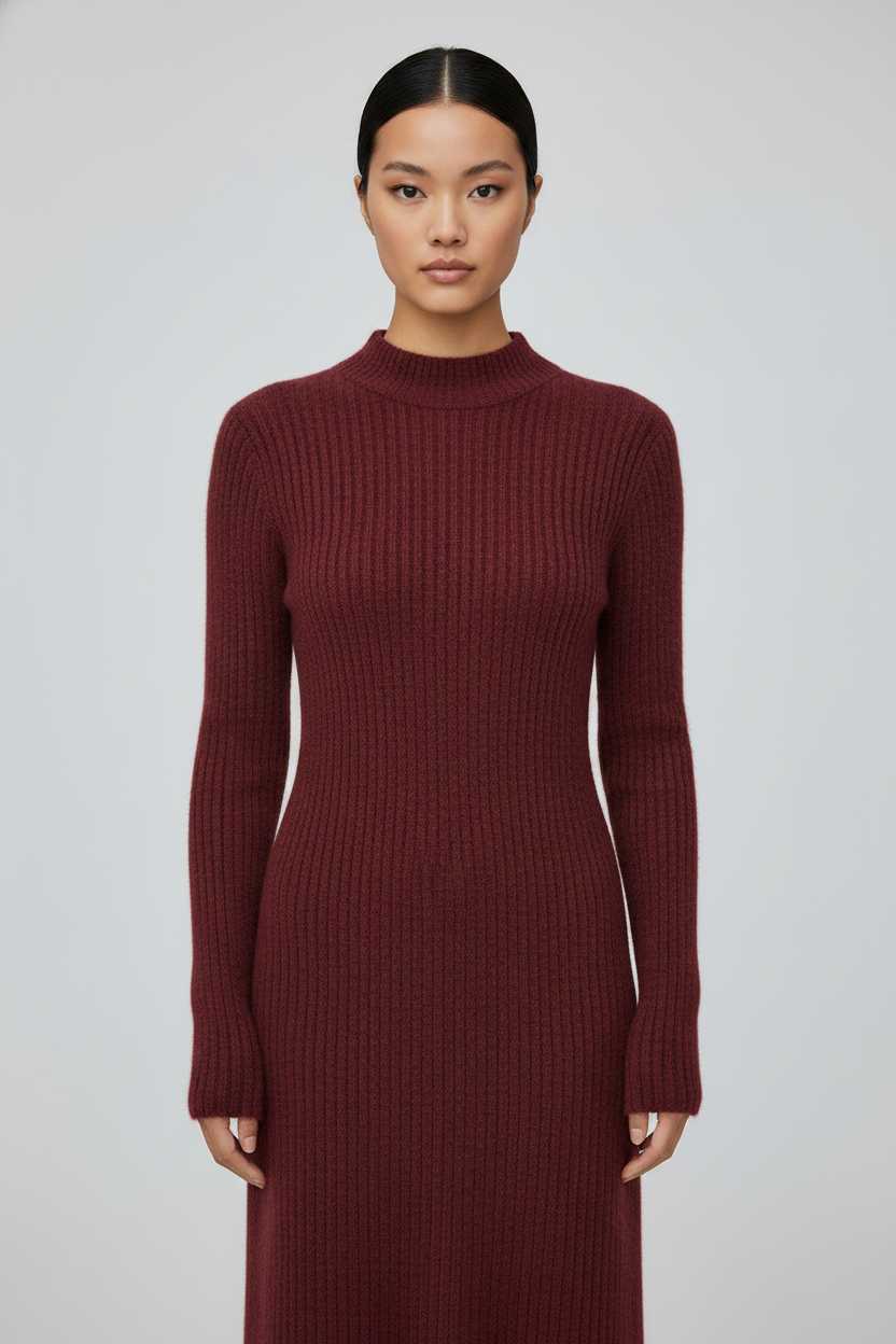 p2Ribbed Knit Mock-Neck Maxi Dress